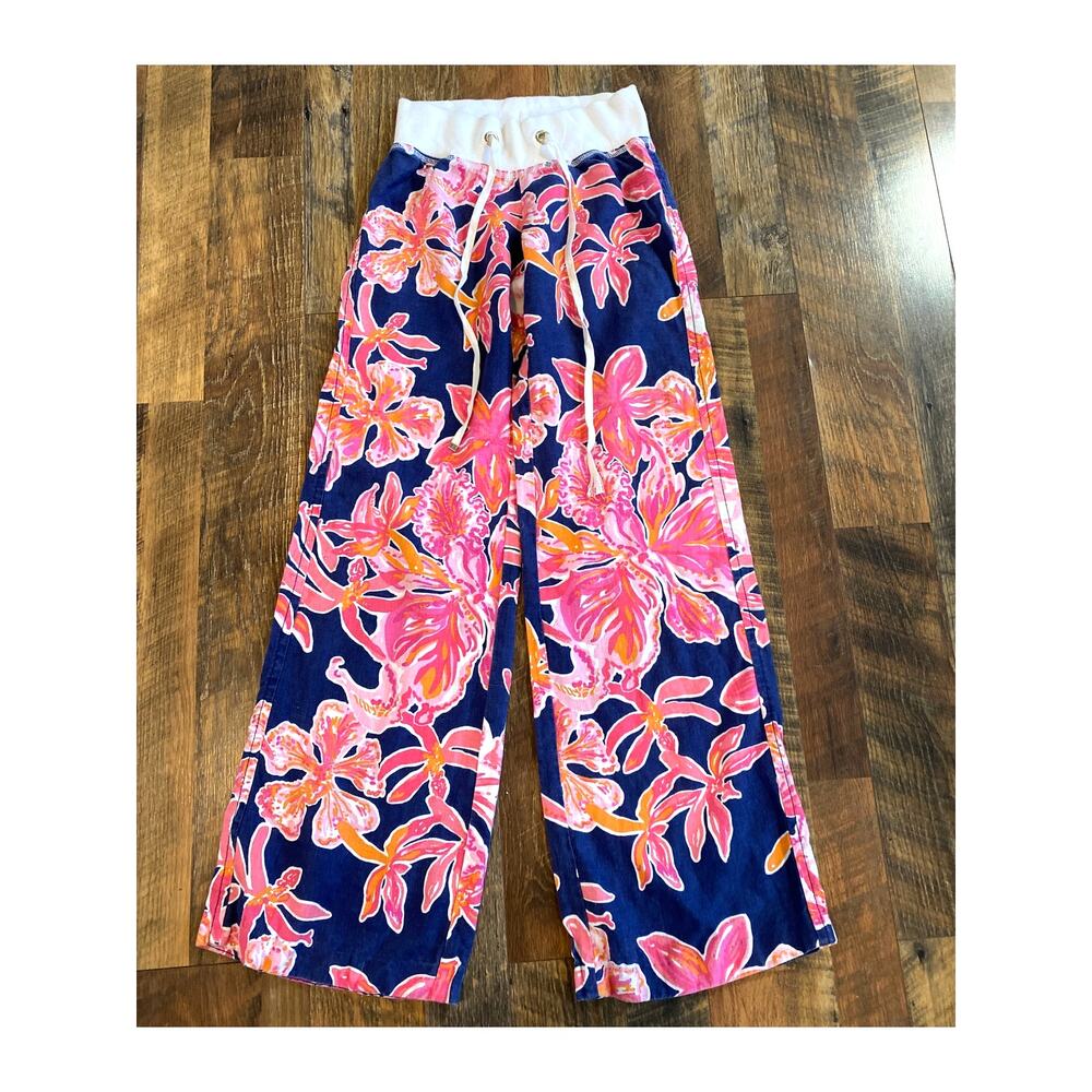 Lilly Pulitzer Linen Wide Leg The Beach Pant Navy Via Sunny Size XX Small XXS